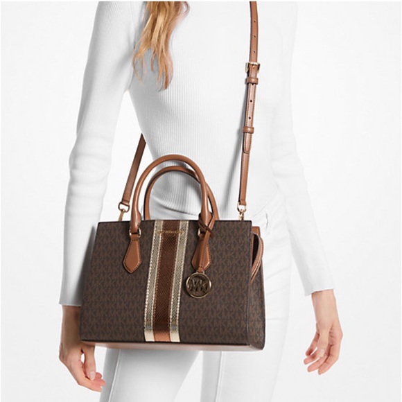 Michael Kors Sheila Medium Signature Logo and Metallic Satchel Crossbody Center - Picture 10 of 16